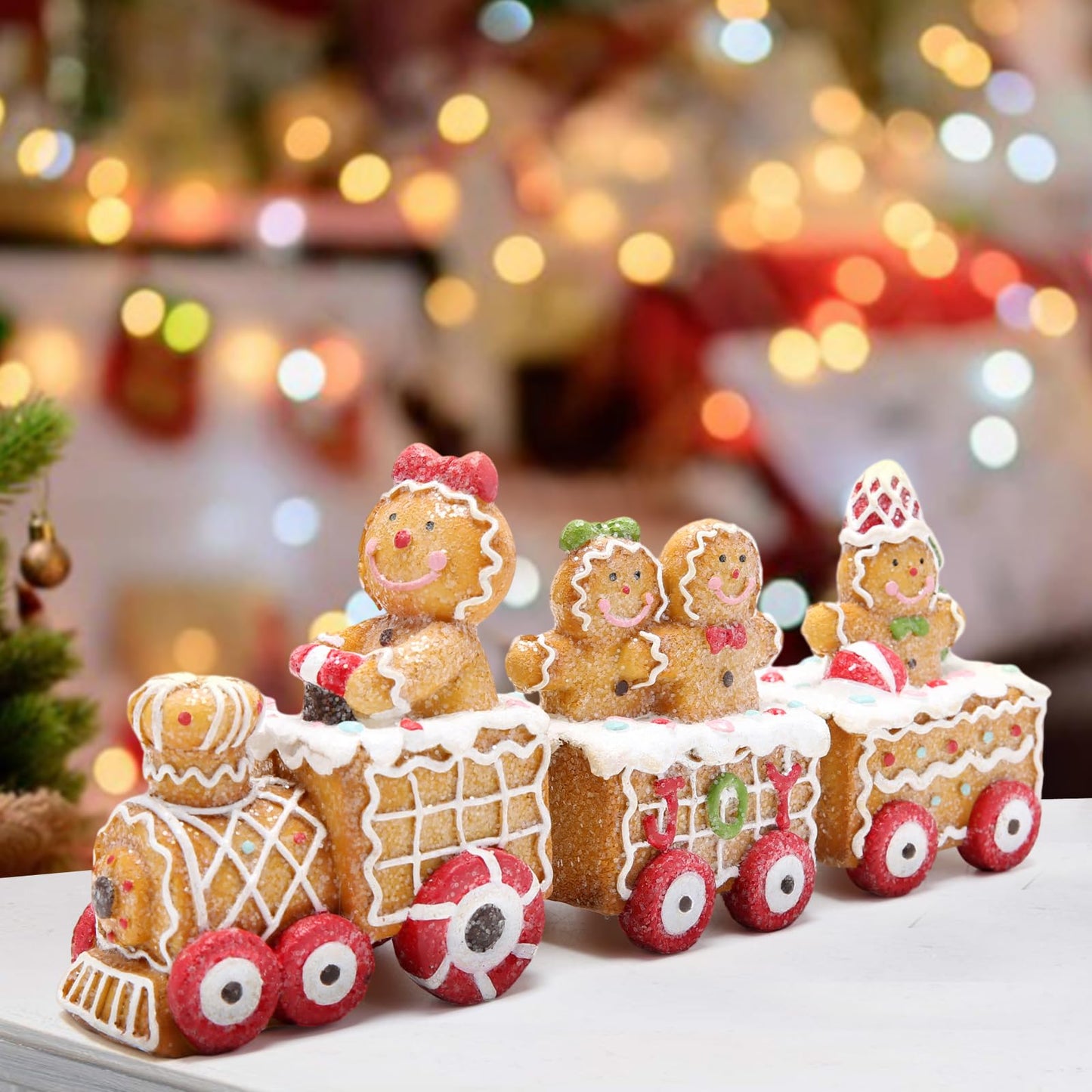 Hodao 9.25” Length Christmas Gingerbread Man Train Decorations Xmas Train Figurines Winter Decor Handmade Polyresin Gingerbread Man Figurine for Xmas Decor Gift - Christmas Party Home Decor