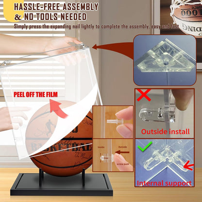 KKU Basketball Display Case, Acrylic Clear Full Size Basketball Case with Solid Wood Base,UV Protected Soccer Basketball Display Stand for Autographed Standard Memorabilia Keepsake, Black