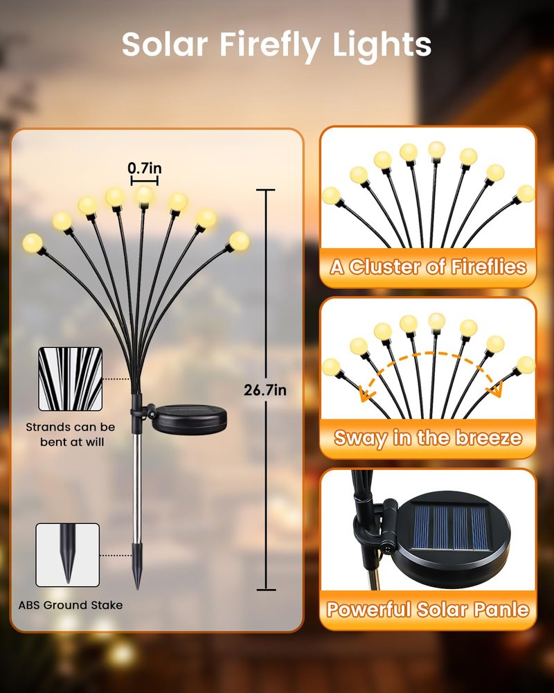 OZS 6 Pack Total 48 LED Solar Garden Lights Fairy Outdoor - Solar Firefly Lights Outdoor, Sway by Wind, Waterproof for Garden Patio Pathway Fairy Decoration (Warm White)
