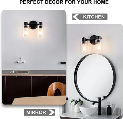 2 Light Bathroom Wall Light Fixtures Black Bathroom Wall Sconce with Clear Glass Lights Over Mirror Vanity Lights E26 Base