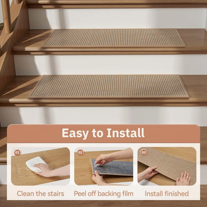 15PC Jute Stair Treads for Wooden Steps-Non Slip Peel and Stick Stair Treads Indoor, Adhesive Staircase Step Treads Residue Free, Cat-Friendly & Scratch-Resistant Durable Stair Runner Rug,8"x30" Beige