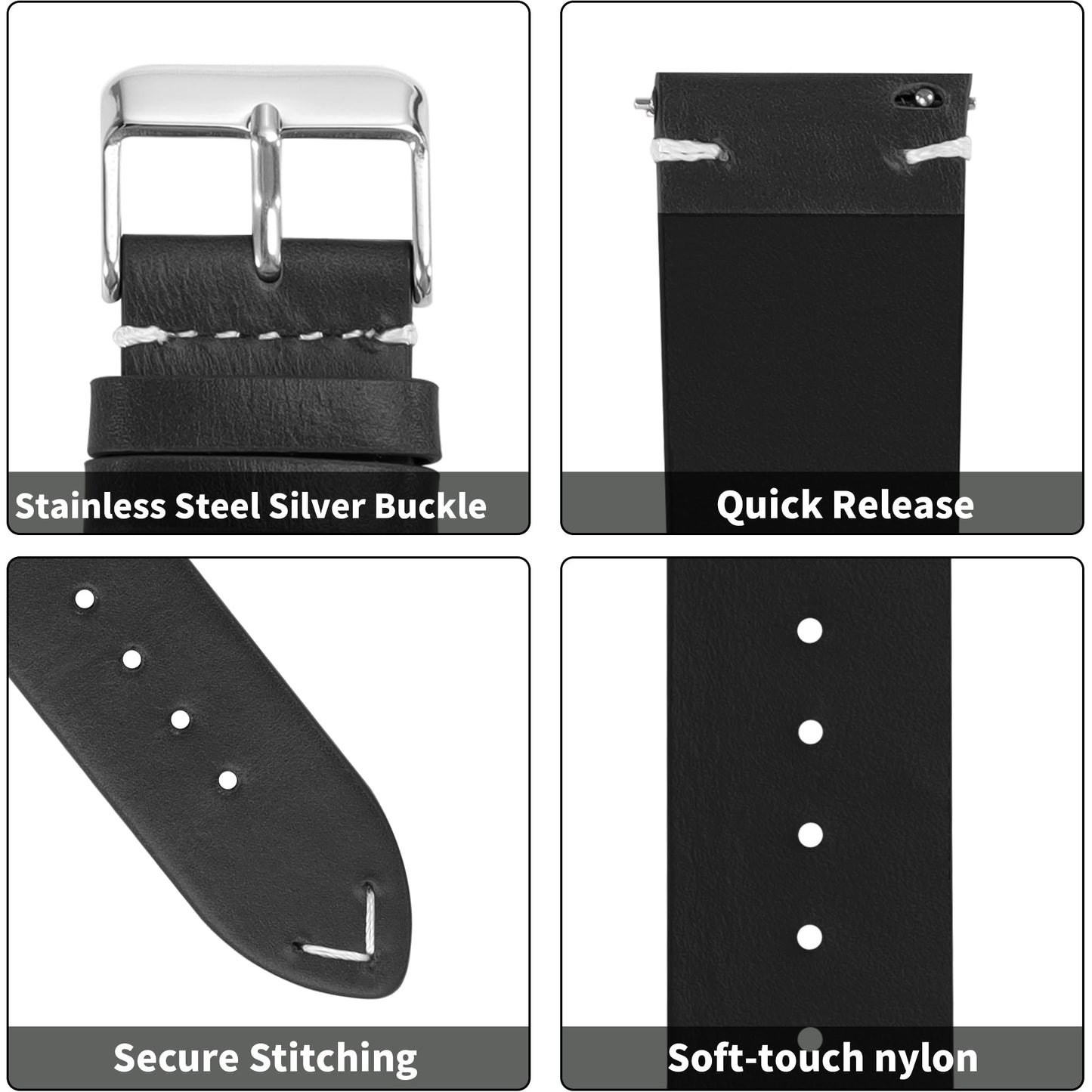 JUNGHELE leather watch bands for men and women, Quick Release leather watch strap with Silver Buckle watch leather strap, Black 18mm watch band