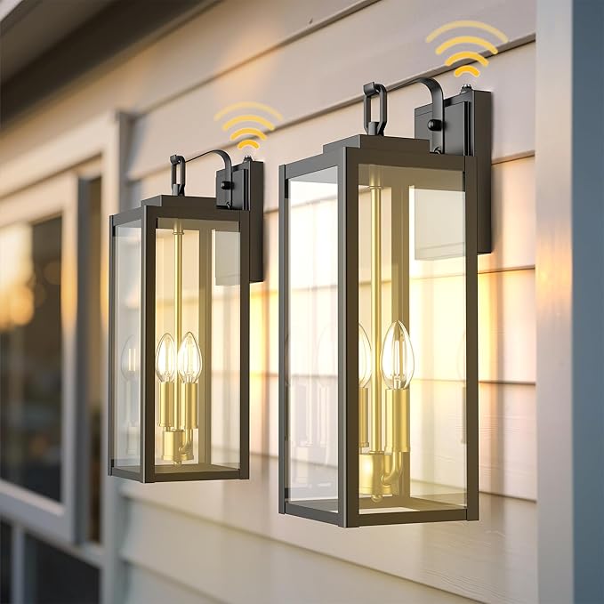 L LOHAS LED 18" Dusk to Dawn Outdoor Wall Lights, 2-Light Black and Gold Outdoor Wall Sconce Lantern with Clear Glass, Tall Transitional Exterior Light Fixtures for Porch, Garage, ETL Listed, 2 Pack