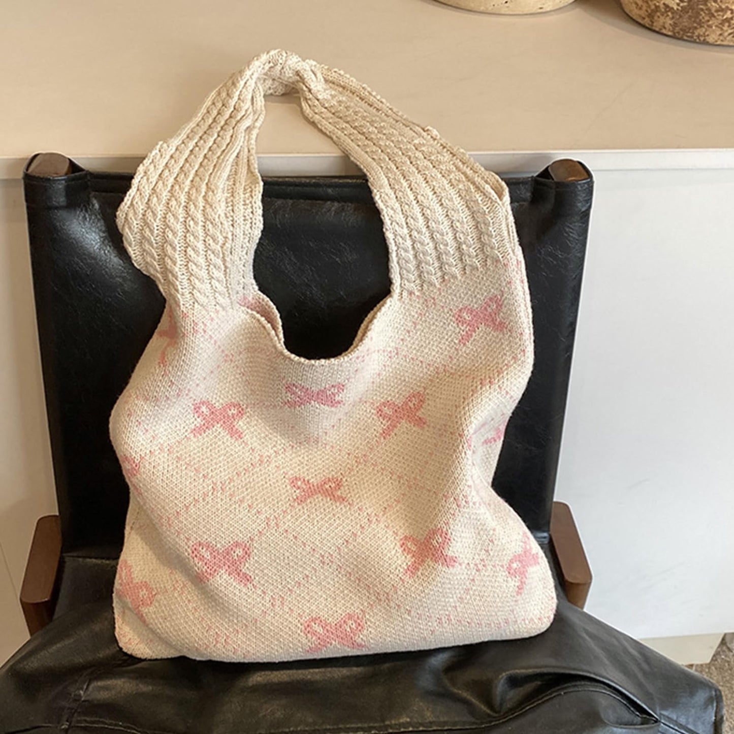 Busnos Beige Crochet Beach Bags For Women Coquette Bow Tote Bag Purse For Women Cute Crochet Beach Tote Bag Boho Knit Shoulder Purses Trendy Womens Travel Vacation Handbag