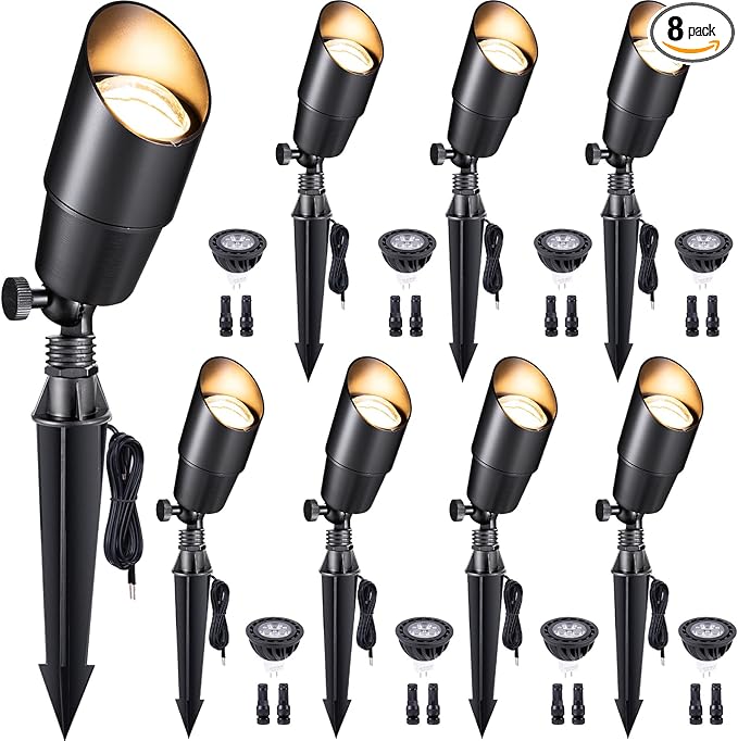 Gardenreet Spot Light Brass - Outdoor Landscape Spotlights 12V, LED Low Voltage Landscaping Uplights, All Weather Hard-Wired Black for Backyard Lawn with Day Light Changeable Bulbs (8 Pack)
