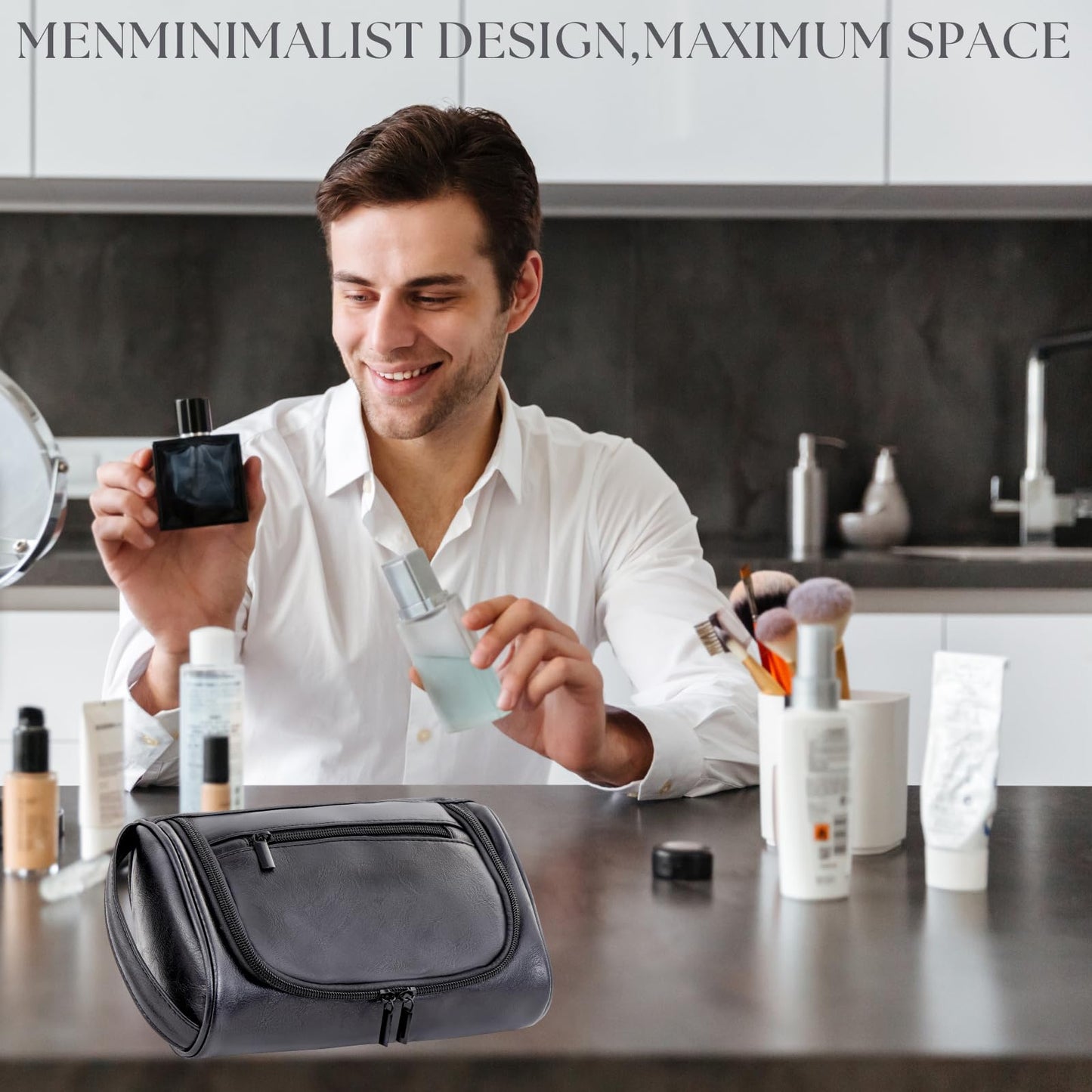 Cumbanho Mens Toiletry Bag, Compact Dopp Kit for Men Travel, PU Leather Shaving Kit, Water-Resistant Minimalist Organizer with Wrist Strap, Travel Toiletry Bag, Gift for Men,Small 9X5.9X3 Inch Black