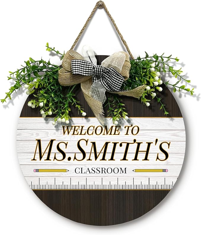 Personalized Teacher Door Signs for Classroom Custom Teacher Name Sign with Wreath Wooden Welcome Hanging Sign with Bow for Classroom Front Door School Bulletin Board Decor 12 Inch