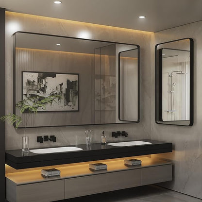ISKM Black Bathroom Mirror for Wall 44" x 36" Matte Black Framed Vanity Mirror, Shatter-Proof, Tempered Glass, Rounded Rectangle Mirror(Horizontal/Vertical)