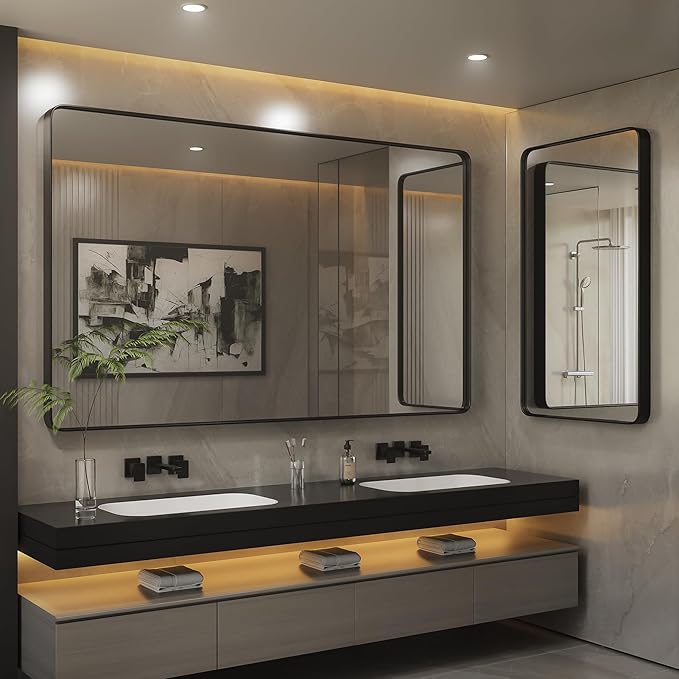 ISKM Large Black Framed Mirror for Bathroom 72" x 32" Wall Mounted Mirror Black Metal Framed Bathroom Mirror for Wall Round Corner (Horizontal/Vertical)