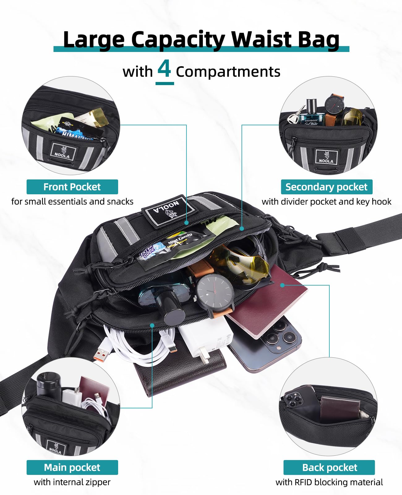 NOOLA Large Fanny Pack for Men Women, 4-Pocket Crossbody Waist Bag with RFID Blocking & Adjustable Strap, Hip Pack for Travel Cycling Hiking (Black)