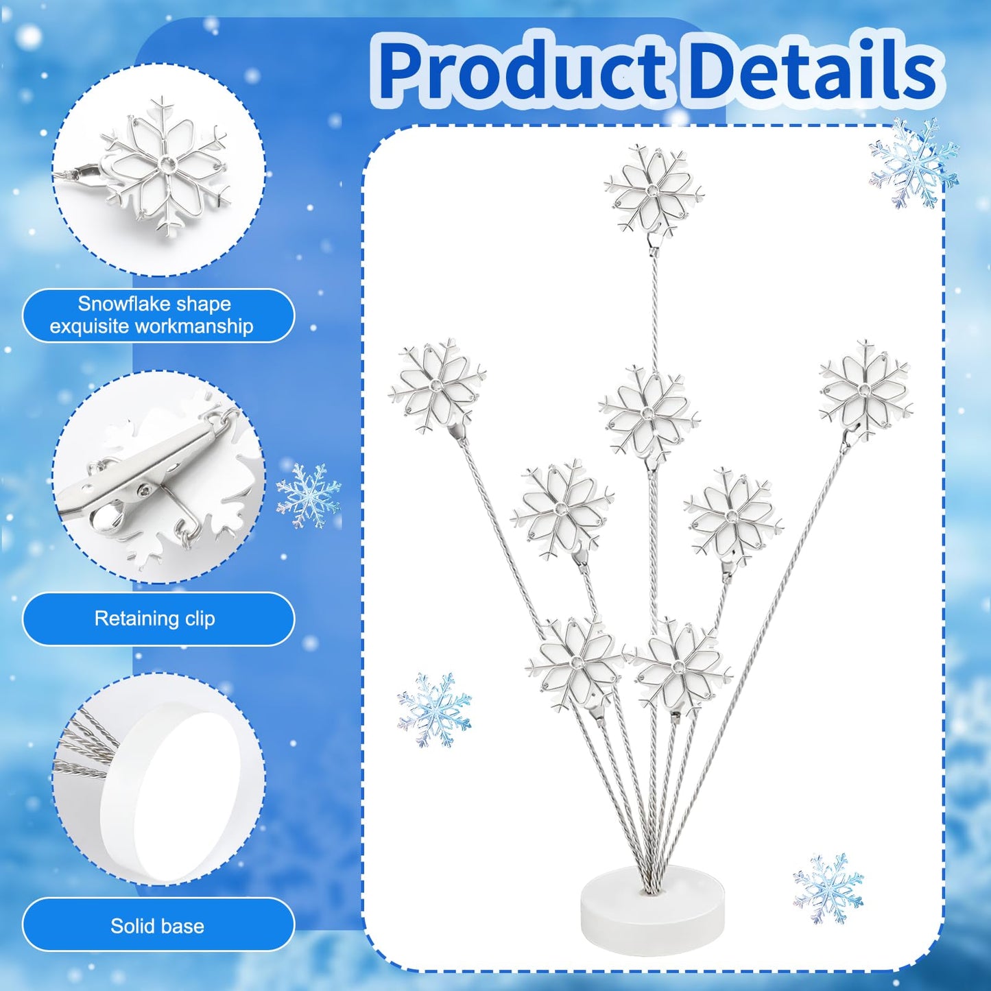 8-Branch Photo Tree Holder with Clips,Family Money Tree Picture Frame Stand,White Snowflake Gift Card Holder for Christmas,Cards, Notes, Memos,Wedding Photos, Office Desk and Home Decor