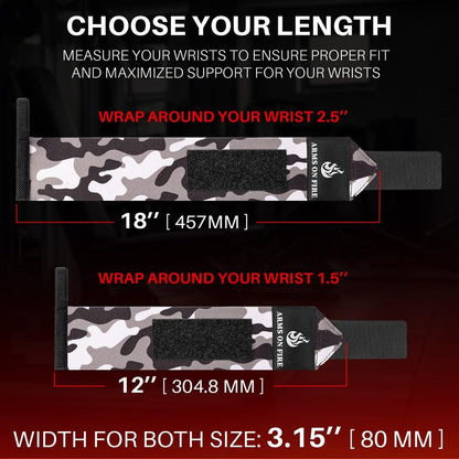 TECEUM Weightlifting Wrist Wraps with Thumb Loop – Black Camo – Arms on Fire – 12 inch – Heavy-Duty Workout Wrist Support & Protection – Ideal for Powerlifting, Strength Training, Bodybuilding
