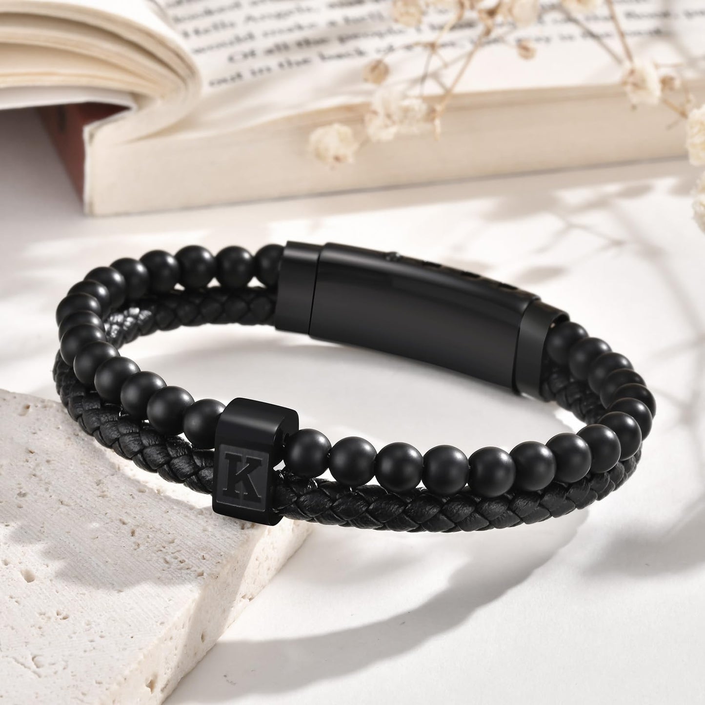 Initial Bracelet for Men Letter Handmade Natural Agate Stone Beaded Braided Black Leather Adjustable Cuff Meaningful Bracelets , Jewelry Gifts, Father's Day Gifts Matching Couple, 7.5-8.3 Inches
