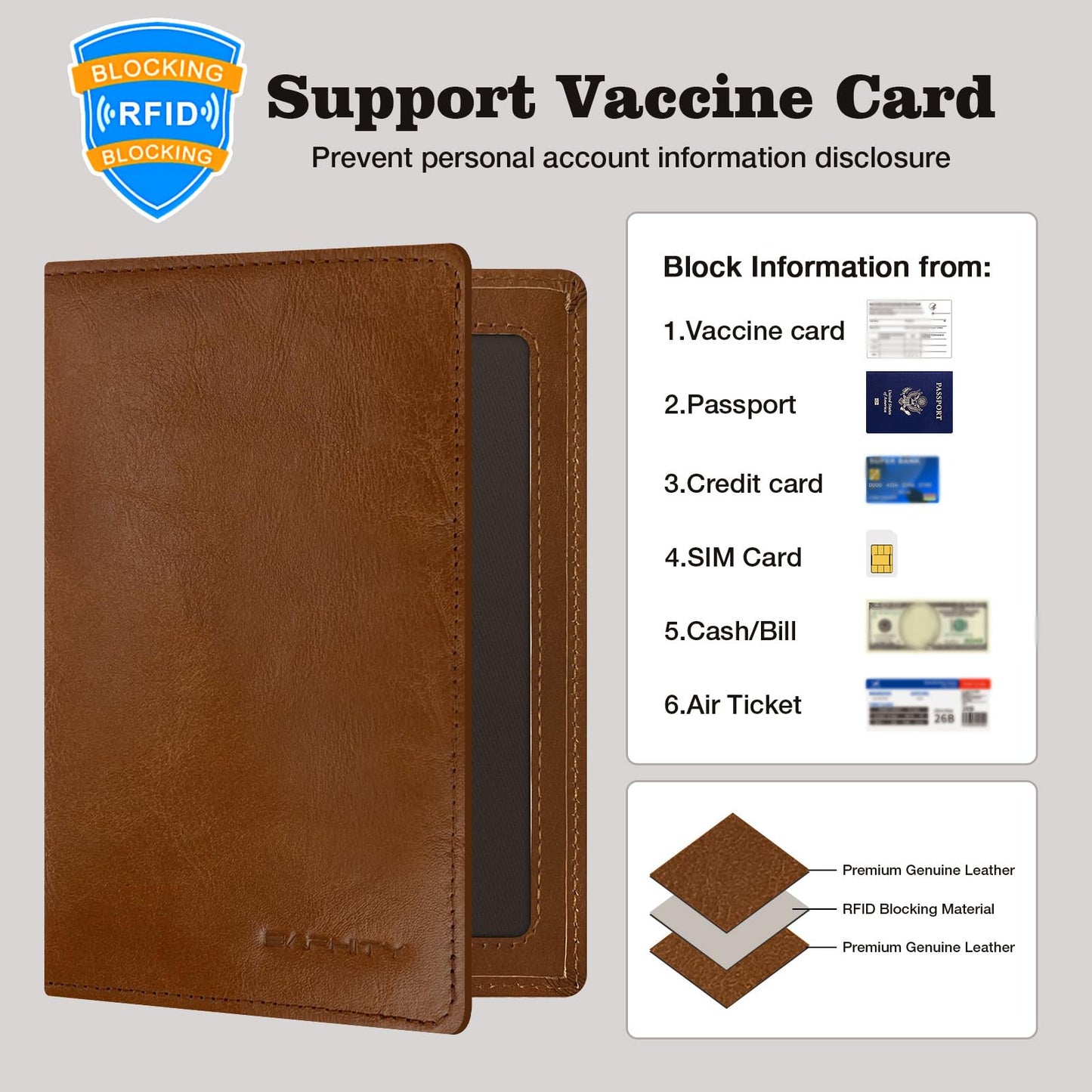 BAPHITY Genuine Leather RFID Blocking Passport Holder Wallet with Zipper Hidden Pocket,Luxury Cover for Men Women,Ideal Gift-red-brown