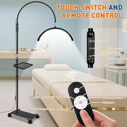 KIRKAS Lash Light Half Moon Lamp with Tool Tray, Flexible Gooseneck Lash Nail Tech for Esthetician Eyelash Extension, Tattoo, 18 Inch LED Floor Lamp with Roller Base Adjustable Brightness Color-Black