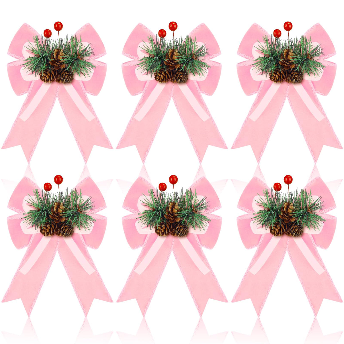 Syhood 6 Pcs Christmas Velvet Bow with Pine Cones Pine Needles Berries Xmas Pink Ribbon Bow Ornaments 6.3 x 5.1 Inch for Christmas Tree Wreath Garden Fireplace Crafts DIY Decor