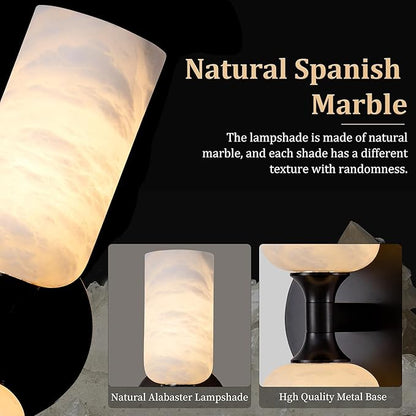 Alabaster Wall Sconce Set of 2, 14in Modern Spanish Natural Marble Bathroom Vanity Sconces, Indoor Black Wall Lighting Fixtures Decor for Bedroom Living Room Staircases