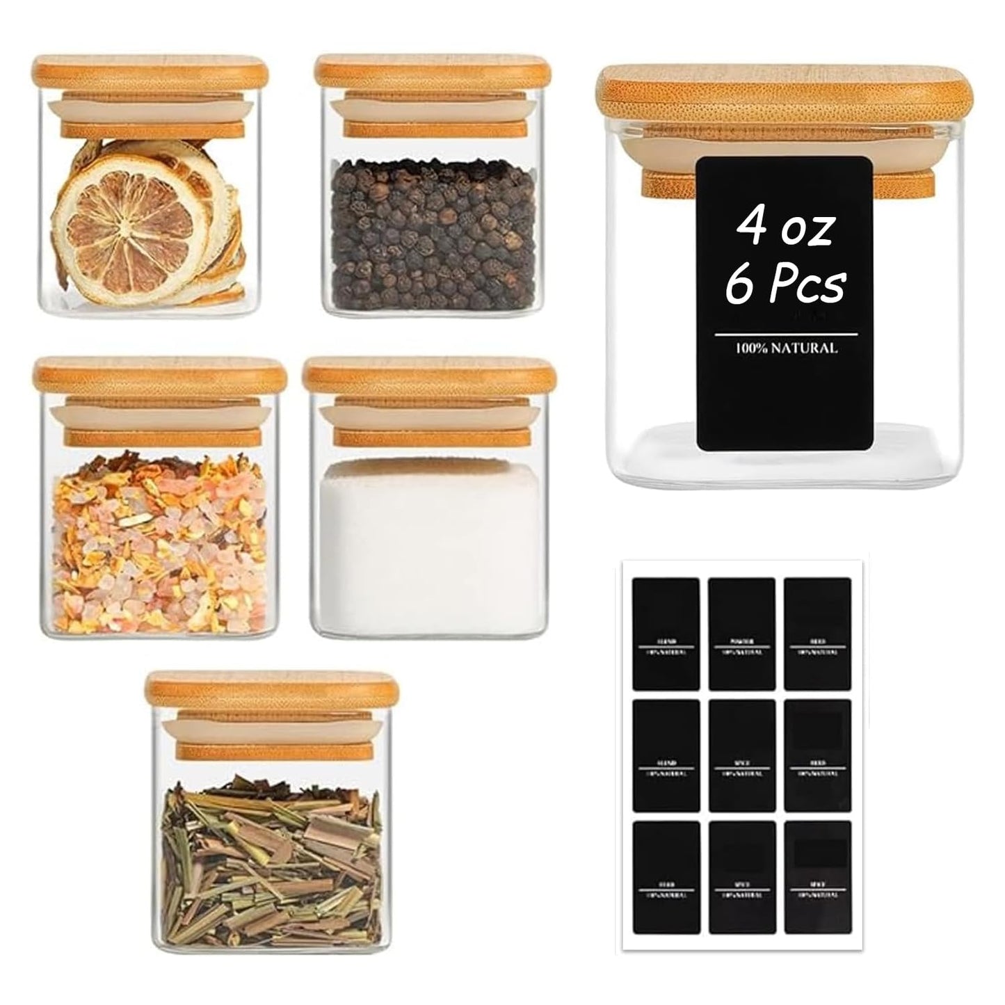 ComSaf 16Pcs Glass Spice Jars with Bamboo Lid, 4oz Airtight Square Spice Containers with 275 Black Lables, Empty Seasoning Jars for Spice Salt Sugar