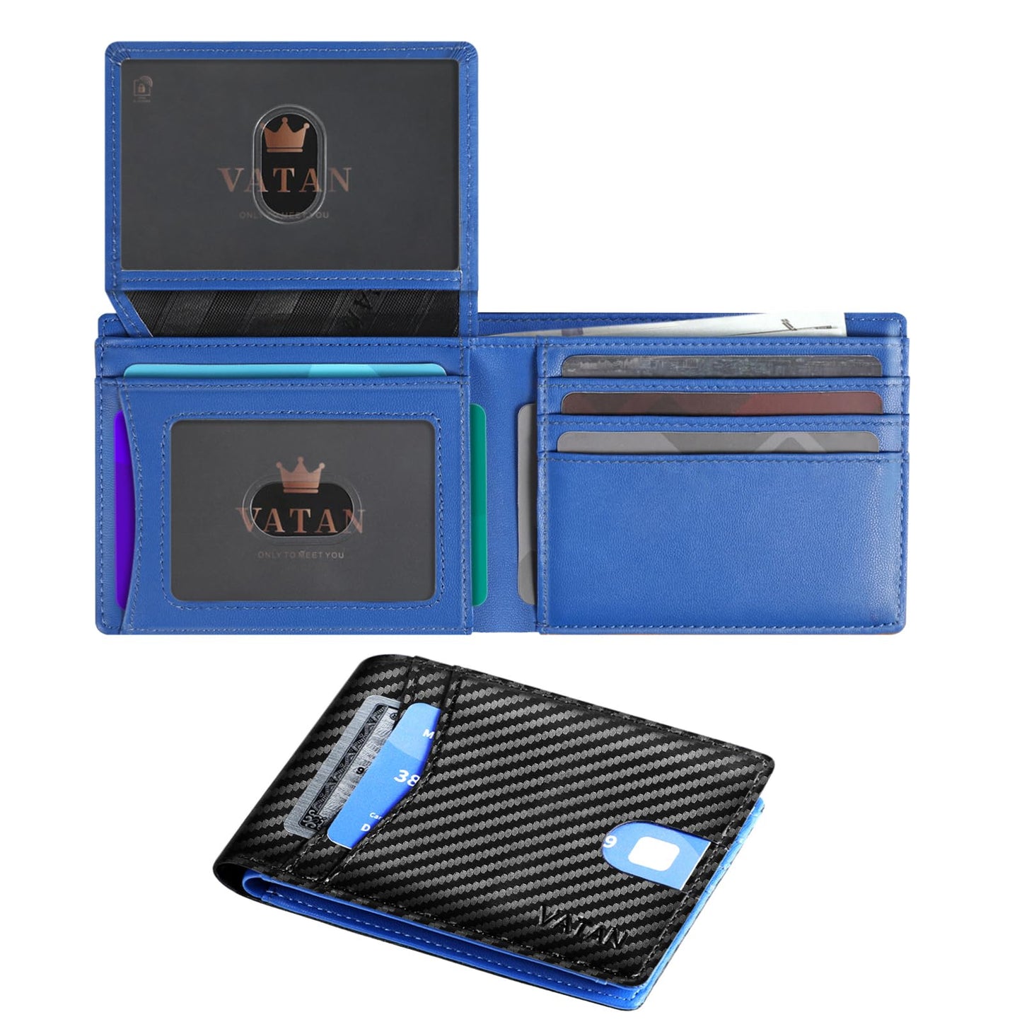 VATAN Wallet for Men Slim RFID Blocking Leather Credit Card Holder Wallet for 15 Cards, Bifold Minimalist Thin Wallet with 2 ID Windows & Cash Slot, With Gift Box (Carbon Black and Blue)