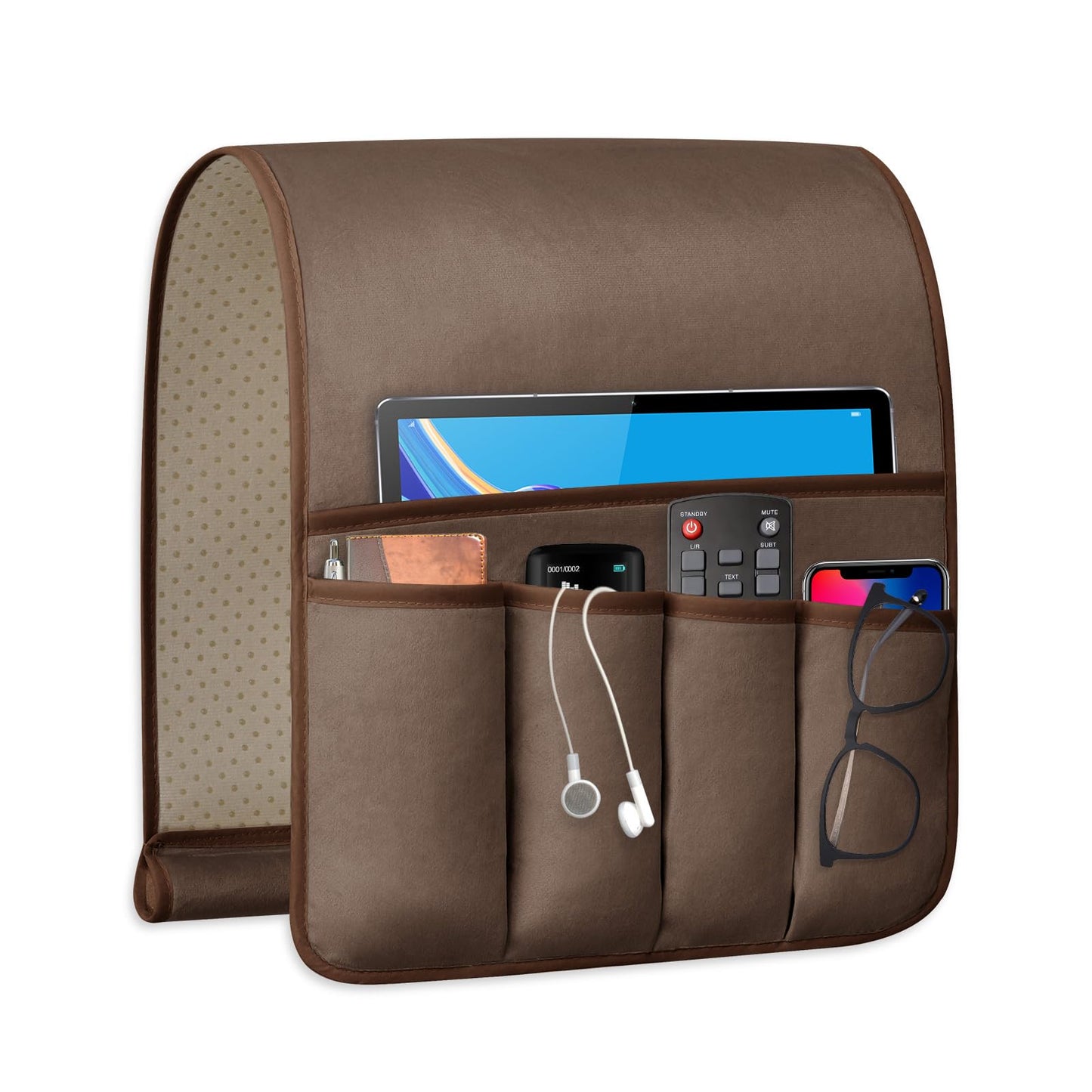 WETRBWEH Remote Control Holder for Armchair, Couch Caddy Organizer TV Remote Holder for Bed Storage 5 Pockets, Remote Caddy Bedside Organizer Bedside Table Organizer (Brown, 35"x12.4")