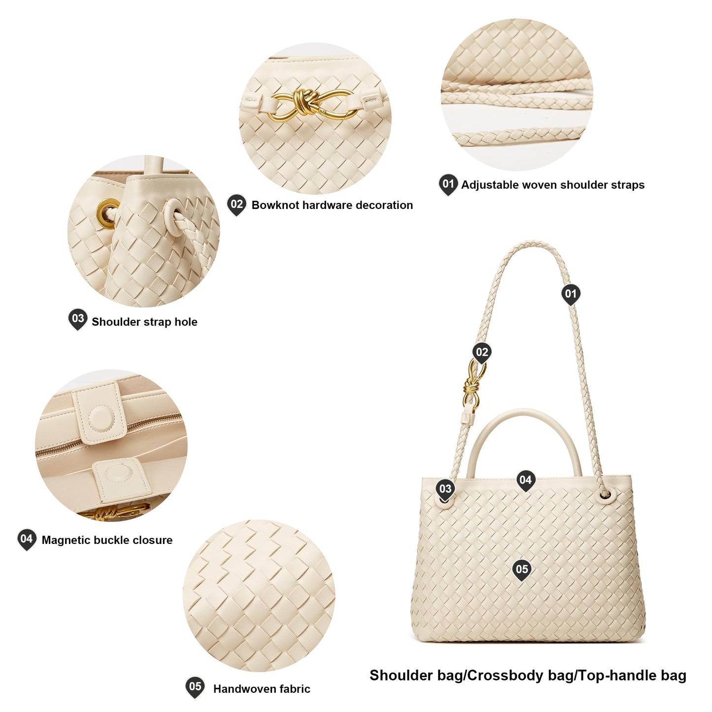 Woven Tote Bag Womens Purse: Vegan Leather Shoulder Handbags - Fashion Summer Beach Tote Bags - Large Travel Totes Handwoven Satchel for Holidays (Off-white)