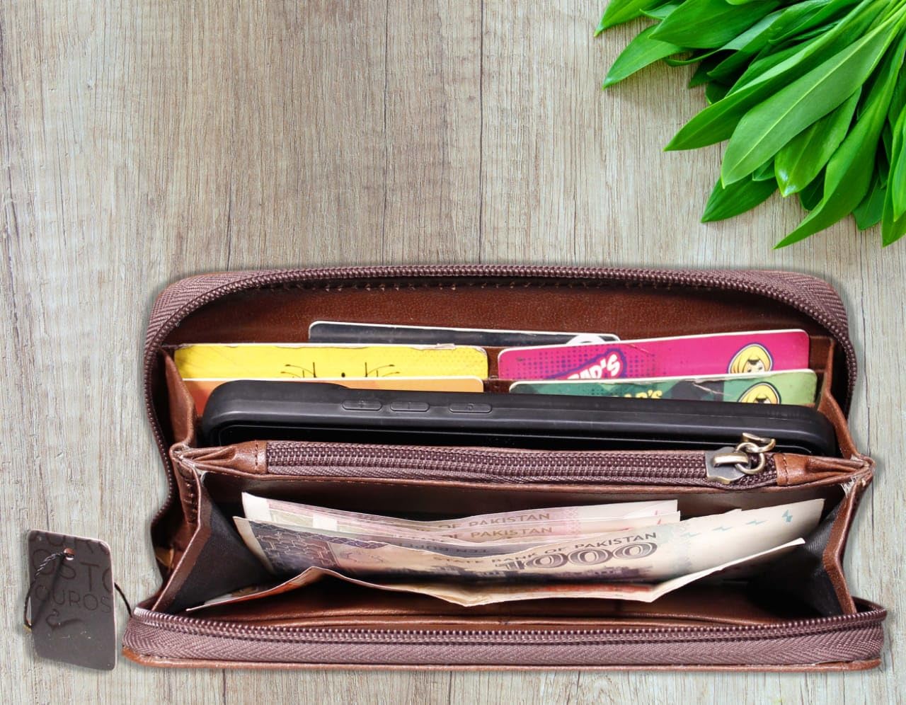 Leather Wallet for Women, Bifold Card Holder, Zipper Clutch, Brown Elegant Purse, Genuine Cowhide