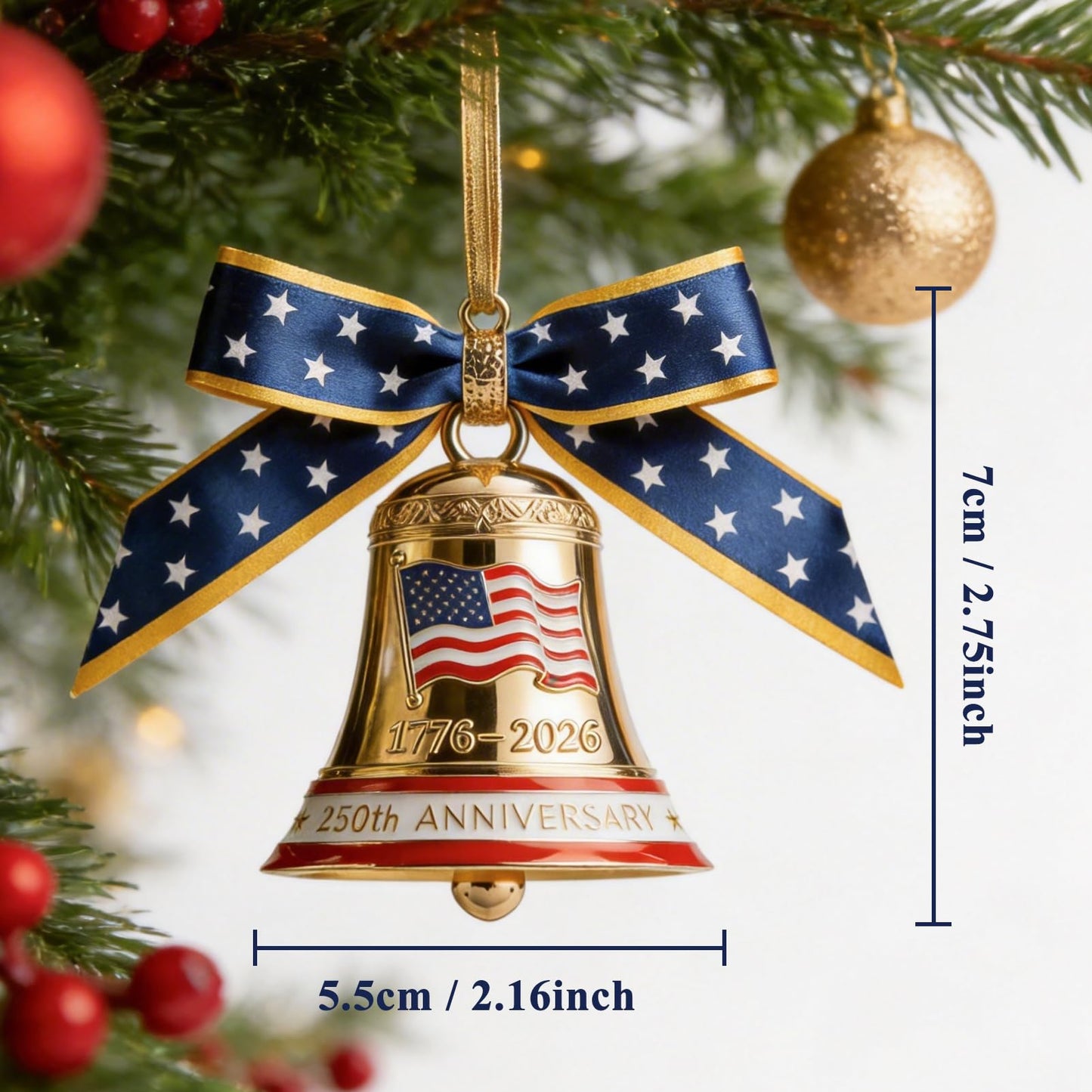 250 Anniversary USA Ornament for Fourth of July Decorations, 3D Metal 1776-2026 Liberty Bell Patriotic Ornaments Independence Day Decorations, 4th of July Gifts for Men Women