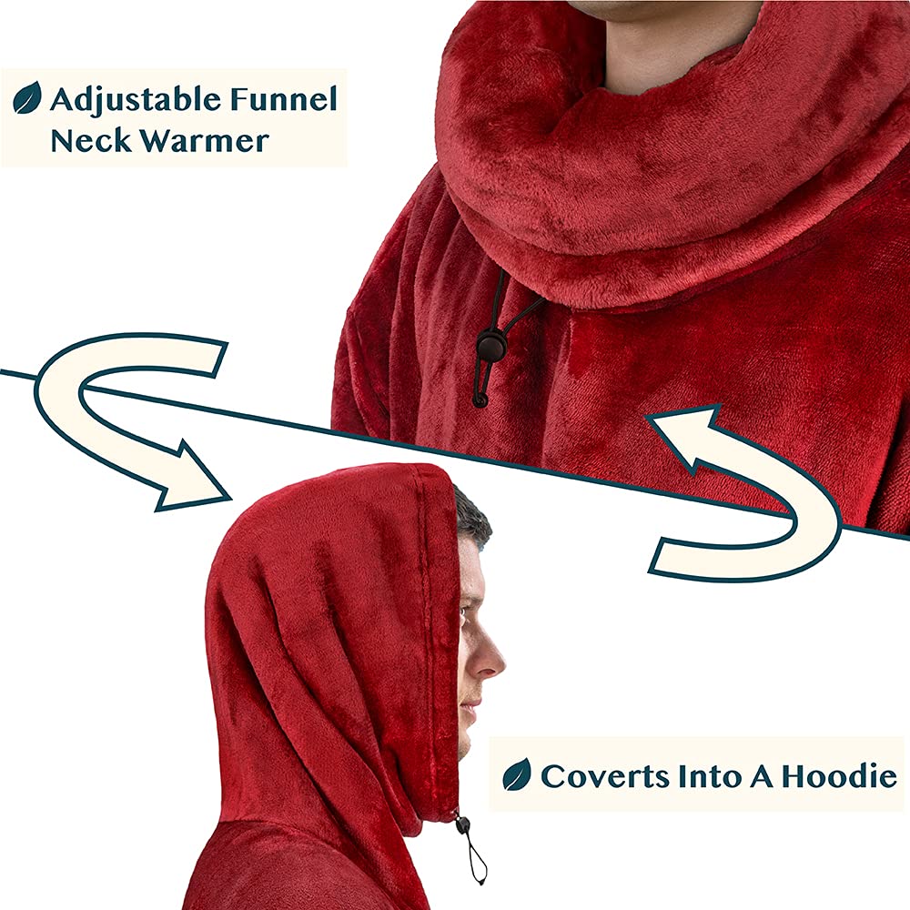 PAVILIA Sherpa Wearable Blanket Poncho Women Men, Oversized Hoodie Sweatshirt Poncho Blanket, Hooded Sweater Wrap Cape Neck Warmer, Fleece Soft Hug Sleep Pod Adult, Cozy Warm Gift Ideas Sister, Red