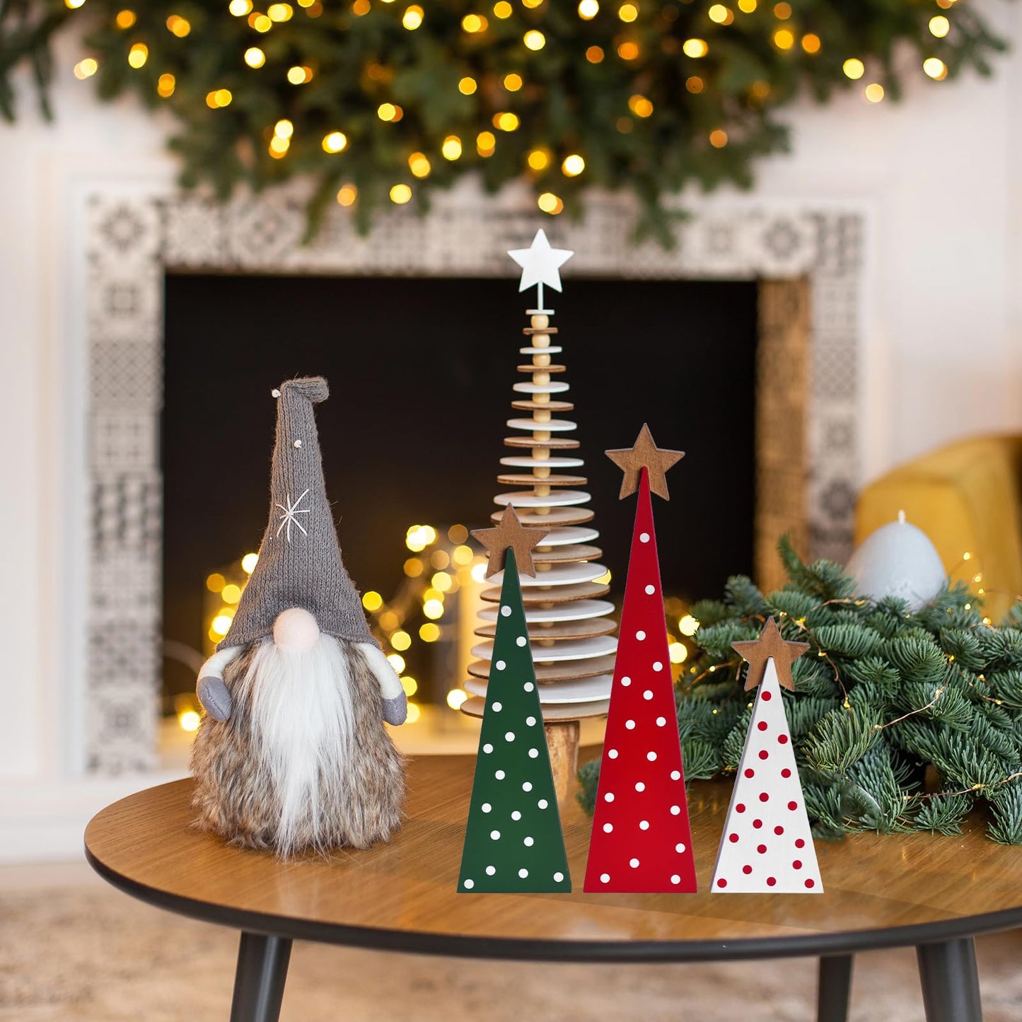 Wooden Christmas Tree Table Decor, 3PCs Rustic Wood Xmas Trees with Detachable Stars, Christmas Decorations Tabletop Shelf, Tiered Tray Centerpieces for Holiday Home Decor (Gold Star)