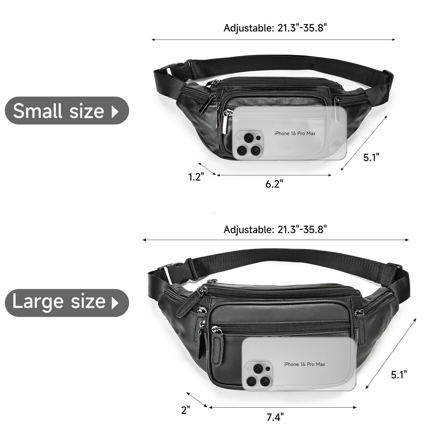 Genuine Leather Fanny Pack Men Women Multi-Pockets sling Waist Bag For Travel Sports Hiking Cycling Fishing Running Black Small