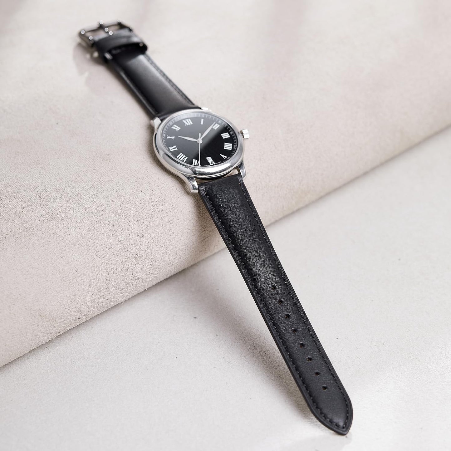 Afany Leather Watch Band 18mm for Men and Women, Quick Release Watch Strap, Black Replacement Watchband