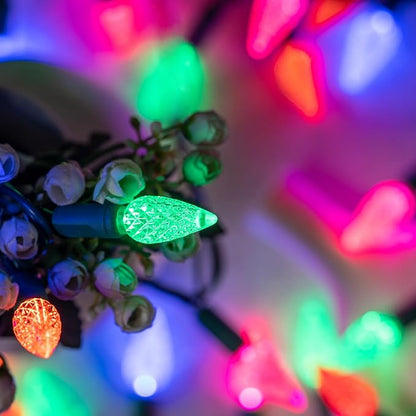 140 Strawberry One-Piece LED Christmas Lights, Pack of 2 Strands 70 Count 36 ft, High Waterproof UL Certified C6 Outdoor String Lights (Multicolor - Green Cord)