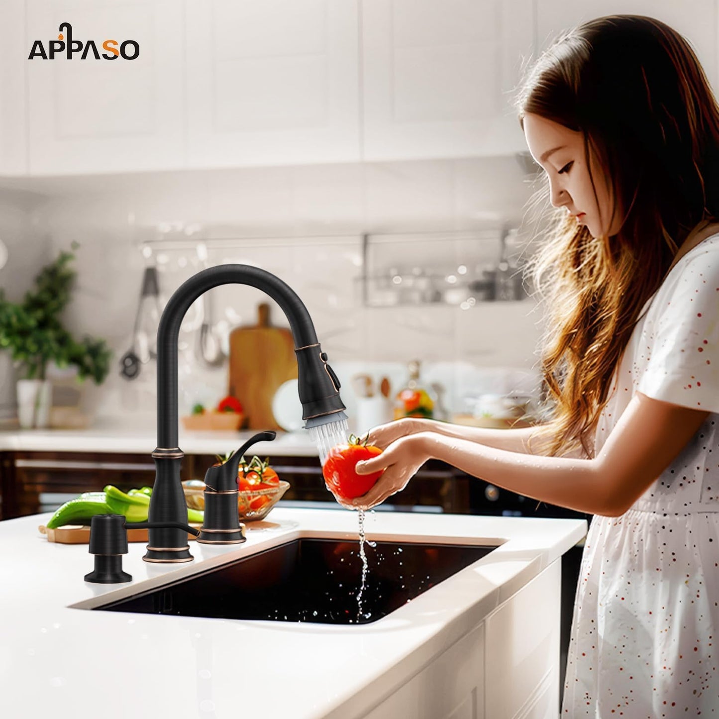 APPASO 3 Hole Kitchen Faucet with Pull Down Sprayer, Kitchen Faucets with Soap Dispenser, 3 Pieces Kitchen Sink Faucet with Separate Handle, Matte Black Kitchen Faucet 3 Hole, 218MB