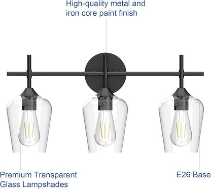 Ralbay Industrial Bathroom Vanity Light Fixtures 3-Lights Matte Black with Clear Glass Vintage Edison Wall Lamp Light Fixture for Bathroom