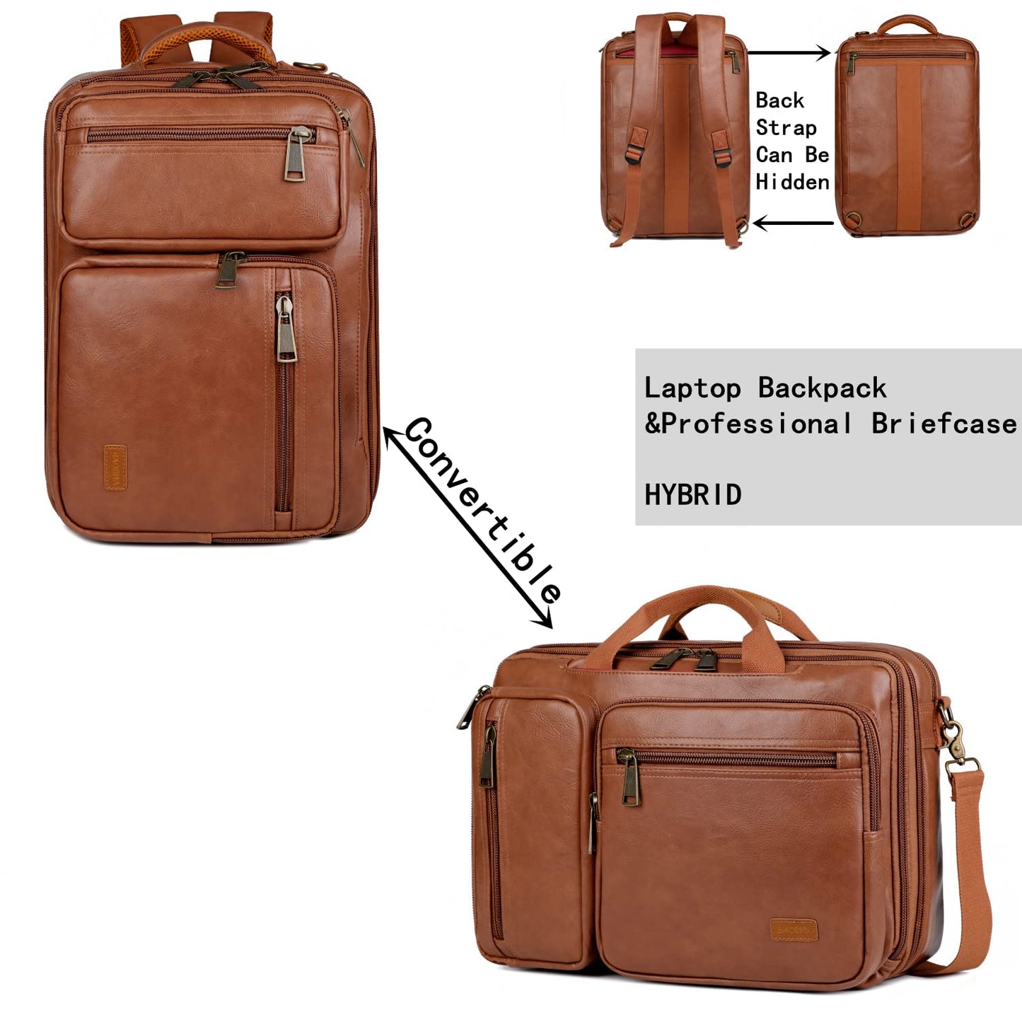 Baosha Vegan Leather Laptop Backpack Briefcase Hybrid 15.6 Inch Laptop Travel Backpack Hiking College Backpack for Men BC-04 (Brown)