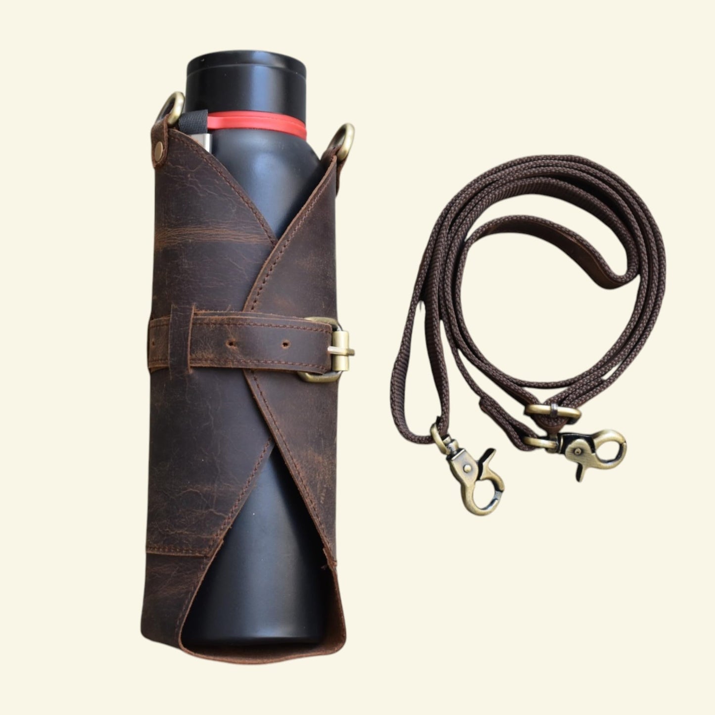 Leather Water Bottle Holder with Strap, Heavy Duty Brass Crossbody Brown Sling Bag, 1 Liter Universal Tumbler Carrier for Travel, Hiking, Walking & Camping (Bottle Excluded)