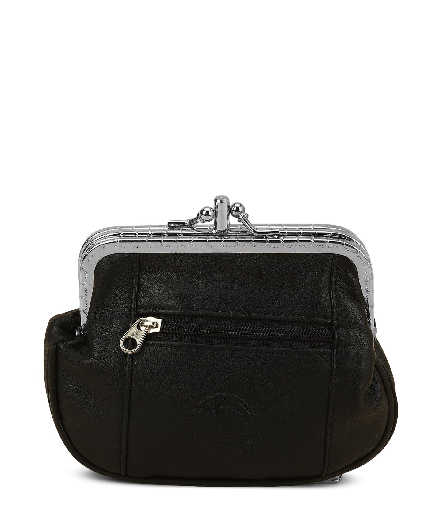 Leatherboss Genuine Leather Large Coin Purse Double Frame Wallet With Zipper Pocket, Black