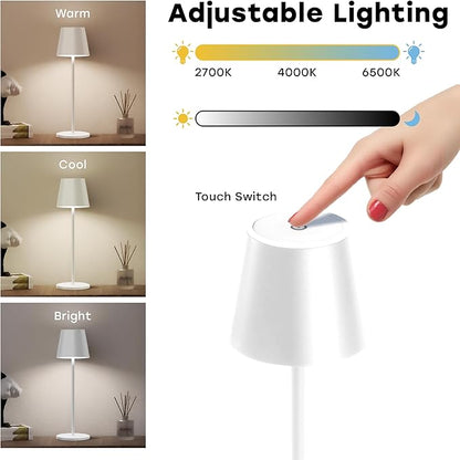 2 Pack Cordless Table Lamp,Portable LED Desk Lamp, 5200mAh Battery Operated, 3 Color Stepless Dimming Up, for Restaurant, Bedroom, Bars, Outdoor Party, Camping, Coffee Shop Night Light White