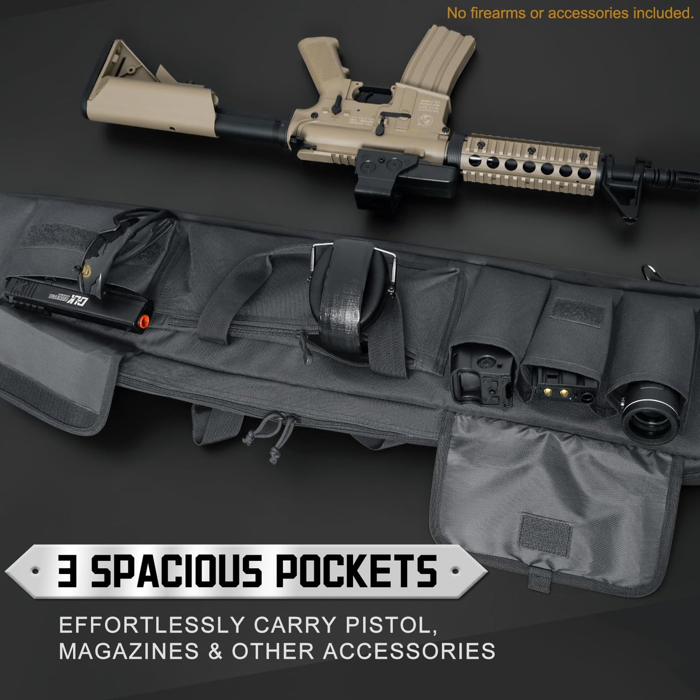 DULCE DOM Double Rifle Case, 38 42 44 inch Soft Gun Tactical Bag for Shooting Range, Movable Divider for 1 or 2 Gears, Multiple Magazine Pouches & Accessory Bags (Gray, 42'')