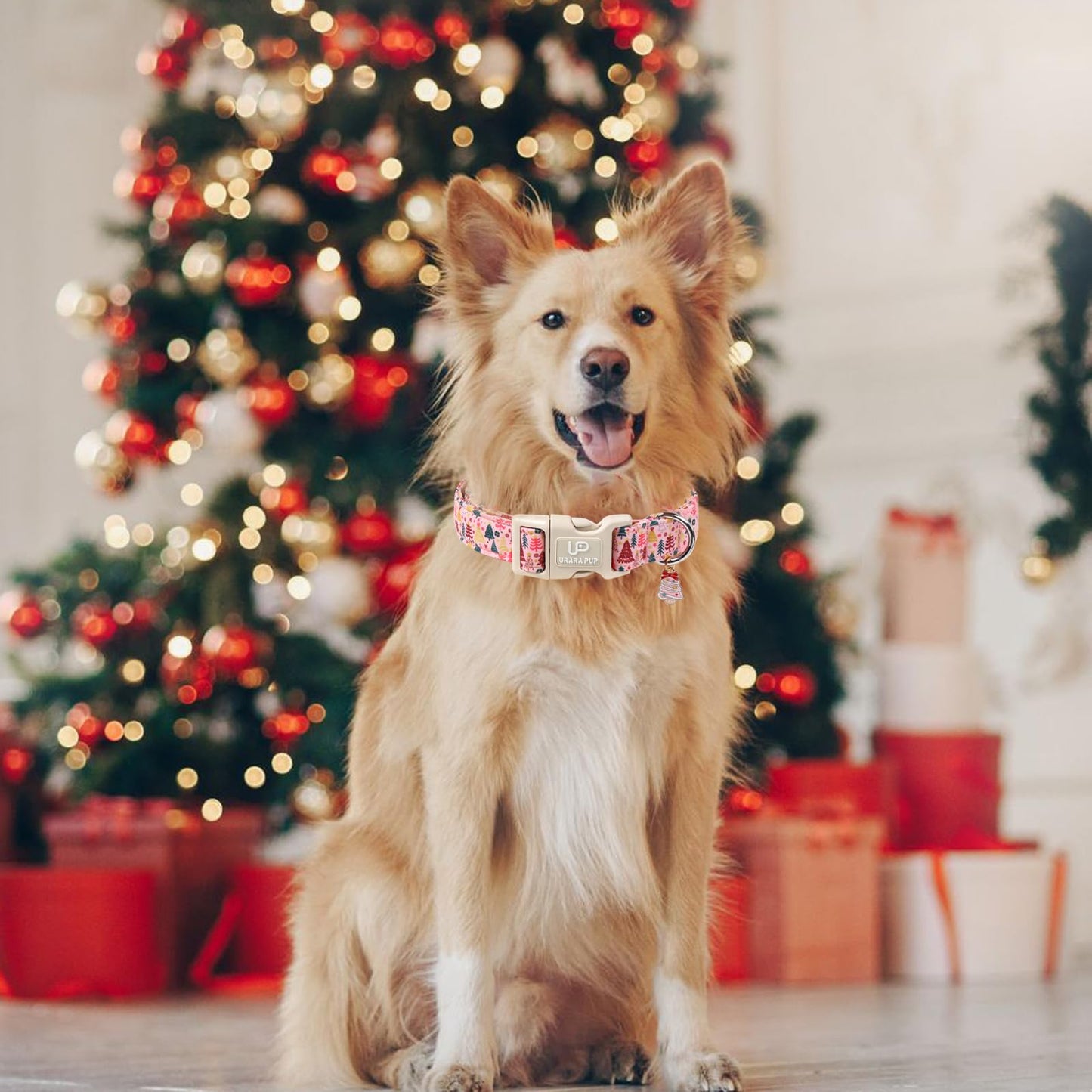 UP URARA PUP Christmas Dog Collar, Pink Christmas Tree for Dogs, Adjustable Pet Collar with Cute Xmas Tree Pendant, Festive Winter Dog Accessories for Small Medium Large Dogs M
