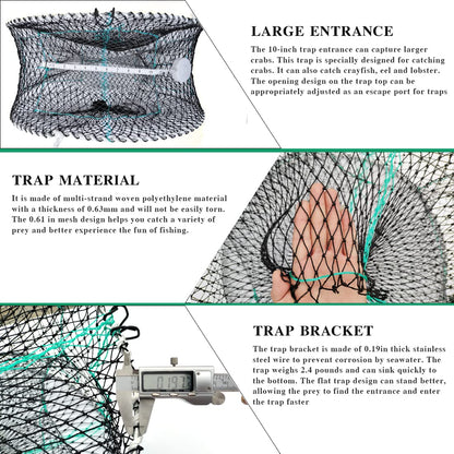 Drasry Crab Trap Bait Lobster Crawfish Shrimp Portable Folded Cast Net Magic Collapsible Fishing Traps Nets Accessories for Blue Crabs 2PCS (23 in * 9.8 in) Green (0.61 in Mesh)