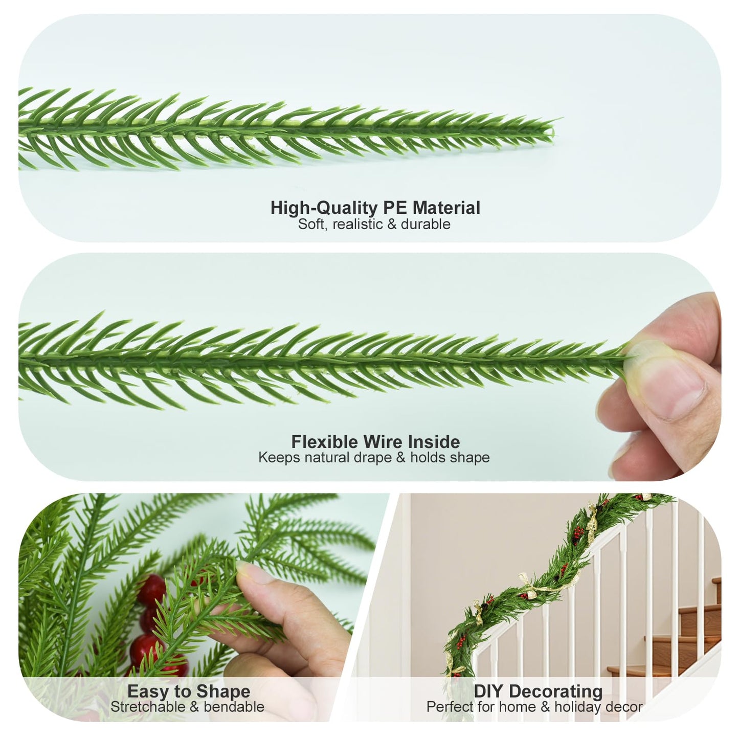 6 FT Christmas Norfolk Pine Garland Real Touch Artificial Greenery Garland Faux Pine Garlands for Mantel Fireplace Table Stairs Indoor Outdoor Christmas Decor, Bonus Gold Ribbon with LED Lights