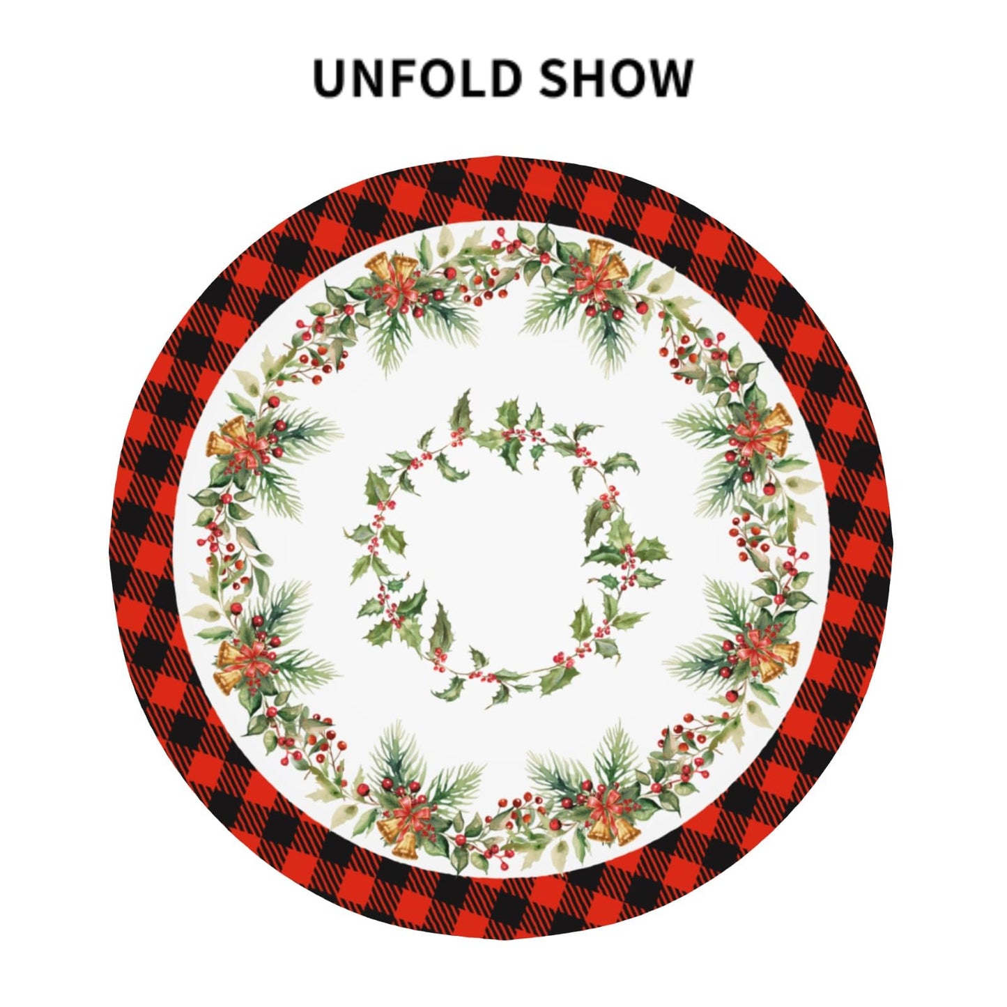 Giwawa Christmas Round Tablecloth for Kitchen Dining, 60Inch Xmas Holly Berries Bells Bows Table Cloth, Red Black Buffalo Plaids Non-Slip Table Cover for Holiday Picnic Tabletop Decor