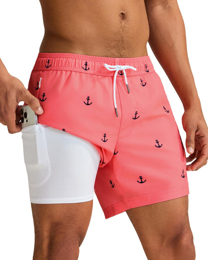 maamgic Mens Swim Trunks with Compression Liner 5 Inch, Quick Dry Bathing Suit with Zipper Pockets, Stretch No-Chafing Swim Shorts, Pink-Anchor X-Small