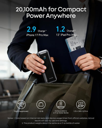 Anker Prime Power Bank, 20,100mAh 3-Port Portable Charger with 220W Max Output, Two-Way Charging, TSA-Approved, App Control, for MacBook, iPhone 17/16 Series, and More (Base Not Included)