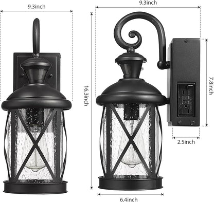 Darkaway Motion Sensor Outdoor Wall Light, Dusk to Dawn Outdoor Porch Light with GFCI Outlet Waterproof Exterior Wall Sconce with Seeded Glass Black Wall Mount Lighting Fixture for House Patio Garage