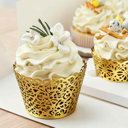 HARFINGTON 50 Pcs Lace Cupcake Liners Standard Vine Designed Hollow Out Cupcake Wraps Artistic Bake Cake Paper Cups for Anniversary Birthday Weddings Parties, Dark Brown