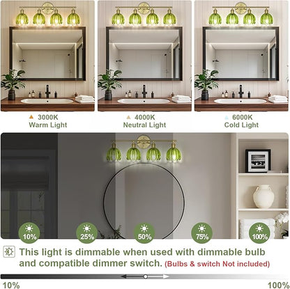 Vintage Bathroom Light Fixtures,4-Light Hardwired Vanity Lights Over Mirror,Gold Wall Sconces with Green Tulip Glass Shade for Bathroom Living Room,E26 Socket(Bulbs Not Included)