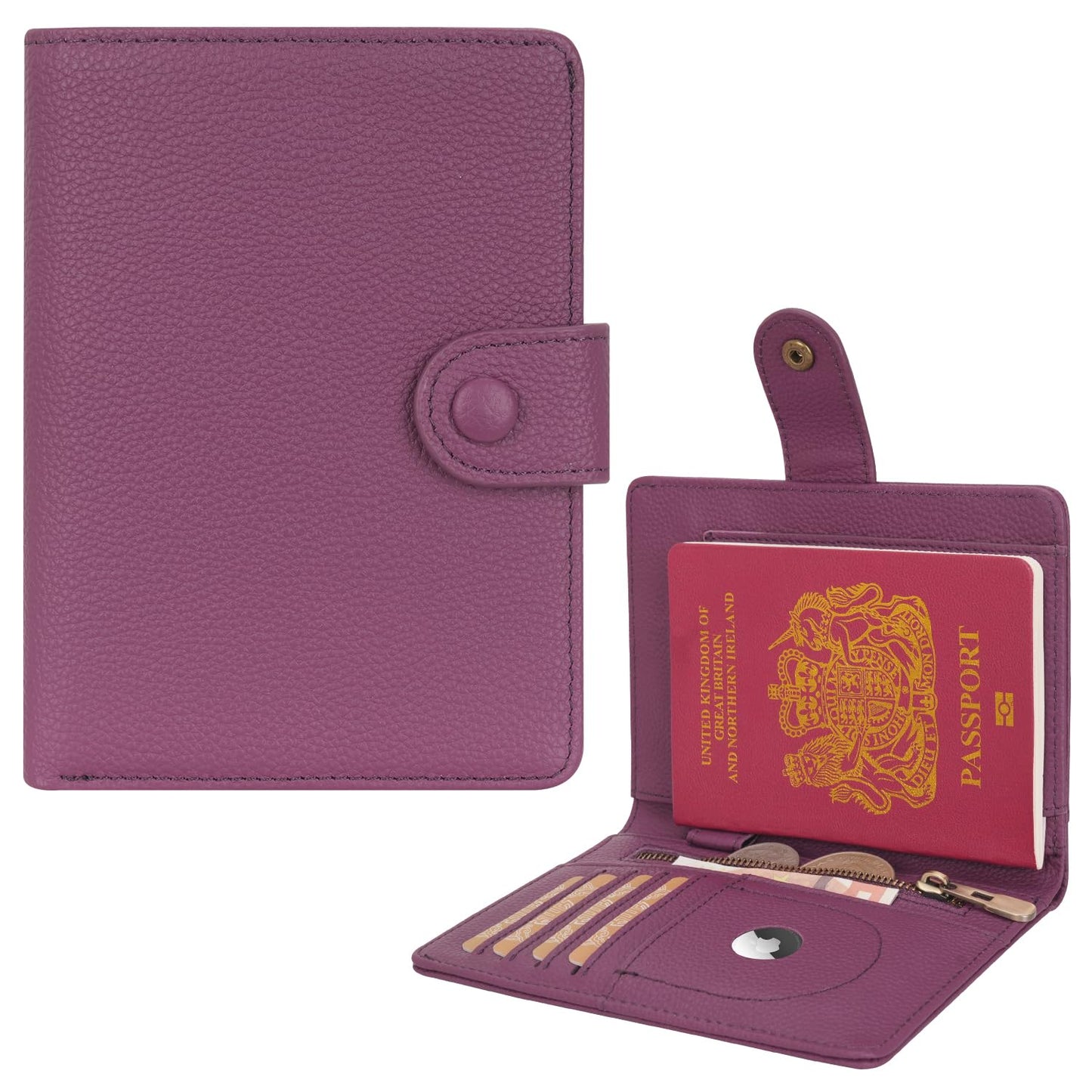 WASON Leather Passport Cover Wallet - Travel Passport Holder with RFID, Card Slots, Cash Pocket, Coin Purse, Tracker Slot, Boarding Pass and Ticket Organizer for Men and Women (Purple)