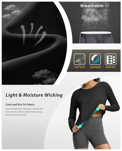 Soothfeel Women's Long Sleeve Workout Tops Running Hiking Athletic Shirts Active T-Shirts Wicking Quick Dry Soft Lightweight Black M